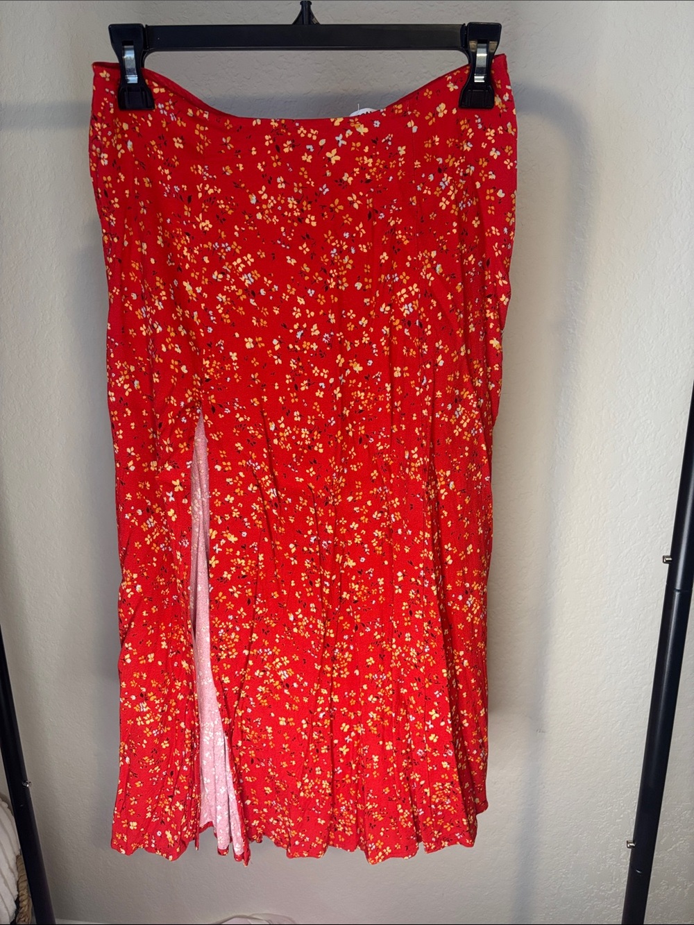 Reformation Red Floral Midi Skirt with Side Slit